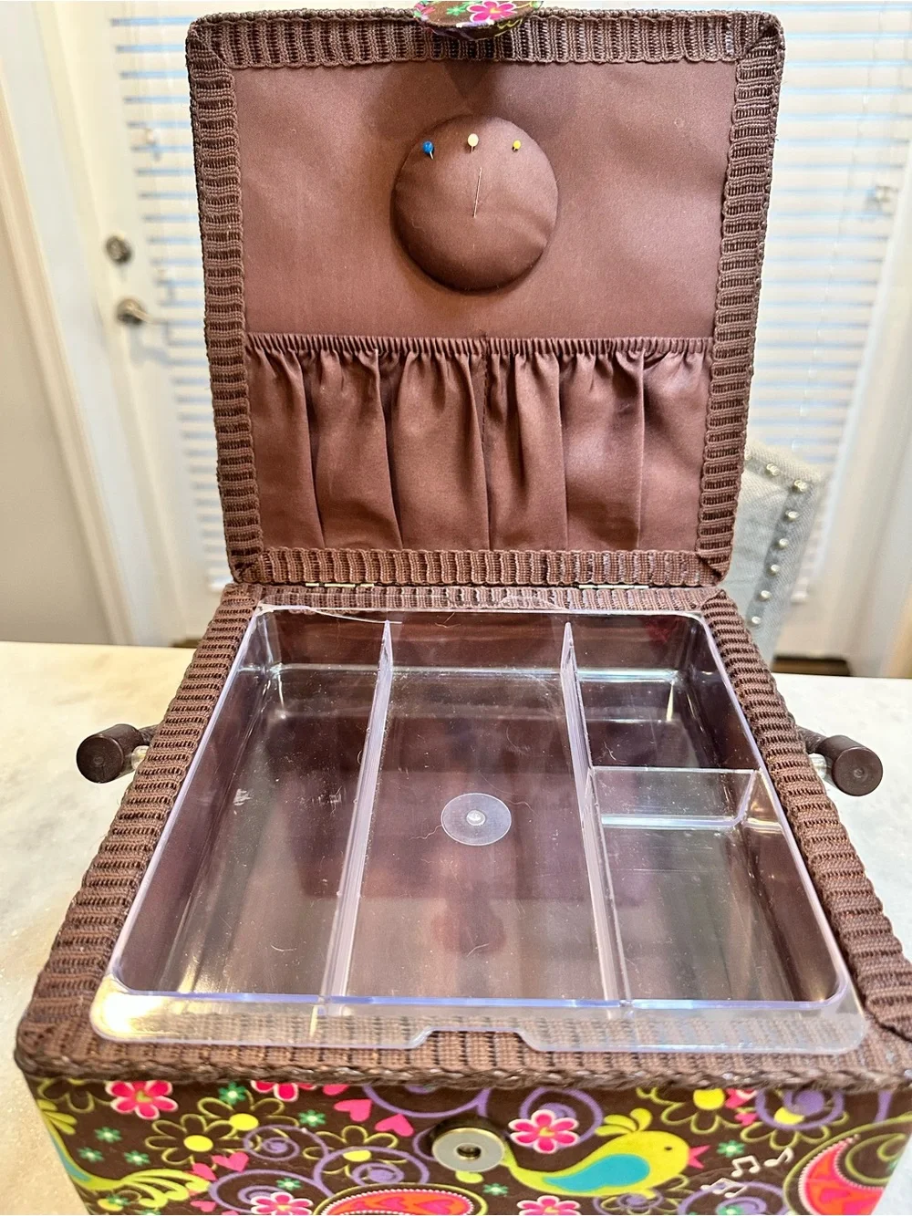 Vintage Colorful Floral Sewing Box/Basket with Tray - Made In Philippines 🇵🇭